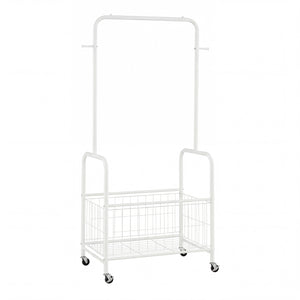 Rolling Metal Clothes Rack with Hanging Rod and Storage Basket-White