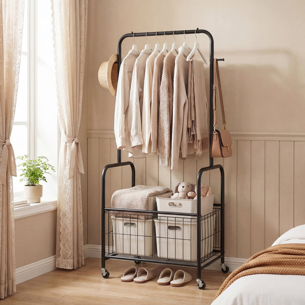 Rolling Metal Clothes Rack with Hanging Rod and Storage Basket-Black view 2