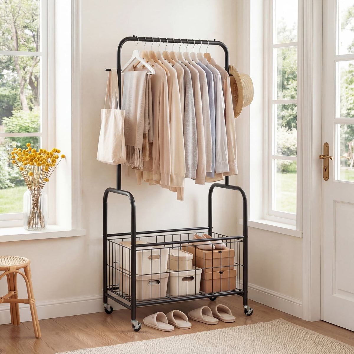 Rolling Metal Clothes Rack with Hanging Rod and Storage Basket-Black view 3