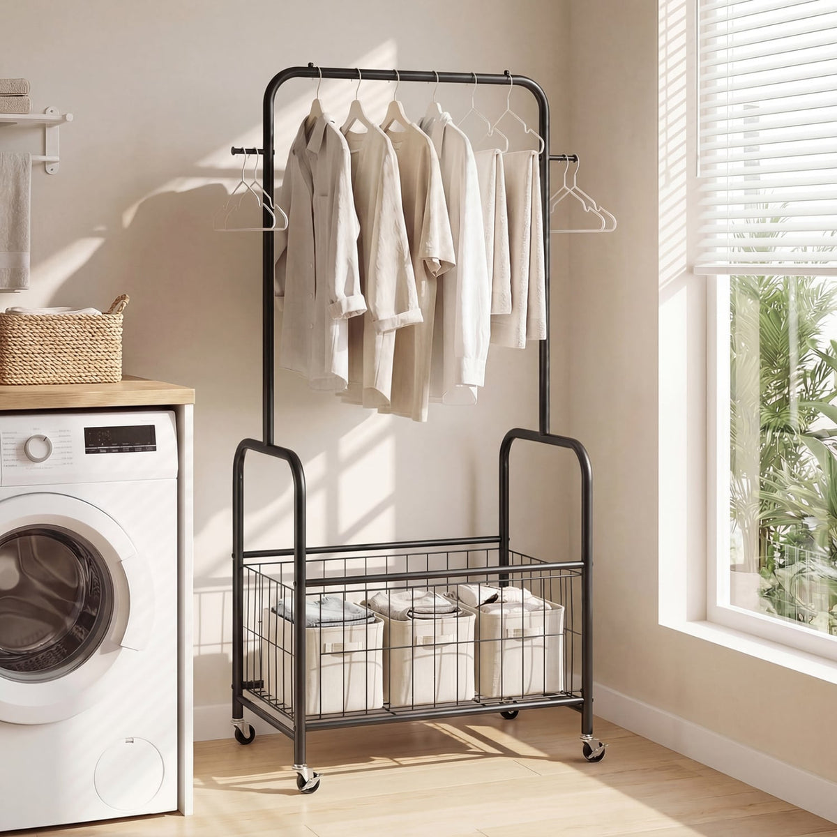 Rolling Metal Clothes Rack with Hanging Rod and Storage Basket-Black view 6