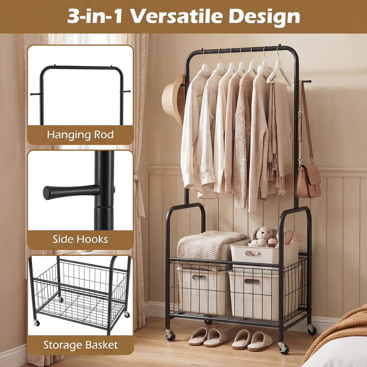 Rolling Metal Clothes Rack with Hanging Rod and Storage Basket-Black view 7