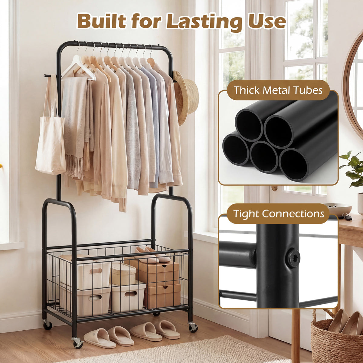 Rolling Metal Clothes Rack with Hanging Rod and Storage Basket-Black view 8
