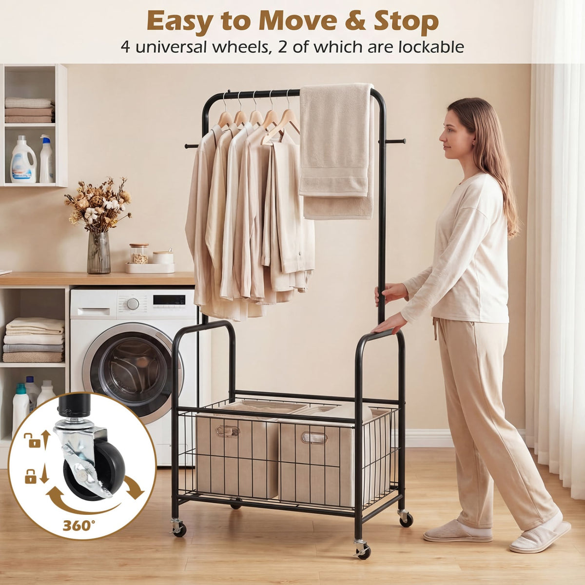Rolling Metal Clothes Rack with Hanging Rod and Storage Basket-Black view 9