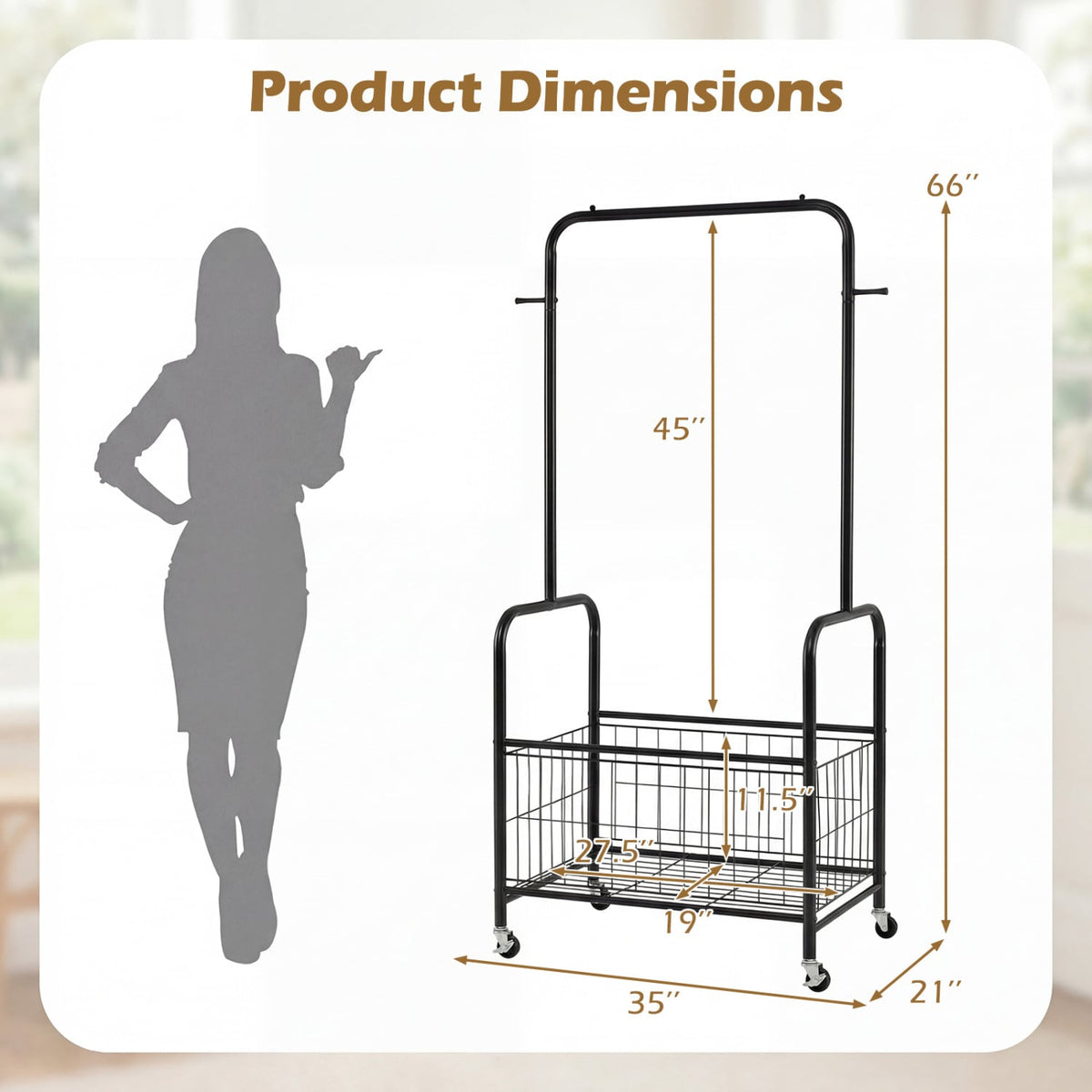 Rolling Metal Clothes Rack with Hanging Rod and Storage Basket-Black view 5