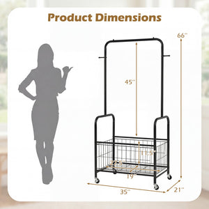 Rolling Metal Clothes Rack with Hanging Rod and Storage Basket-Black view 5