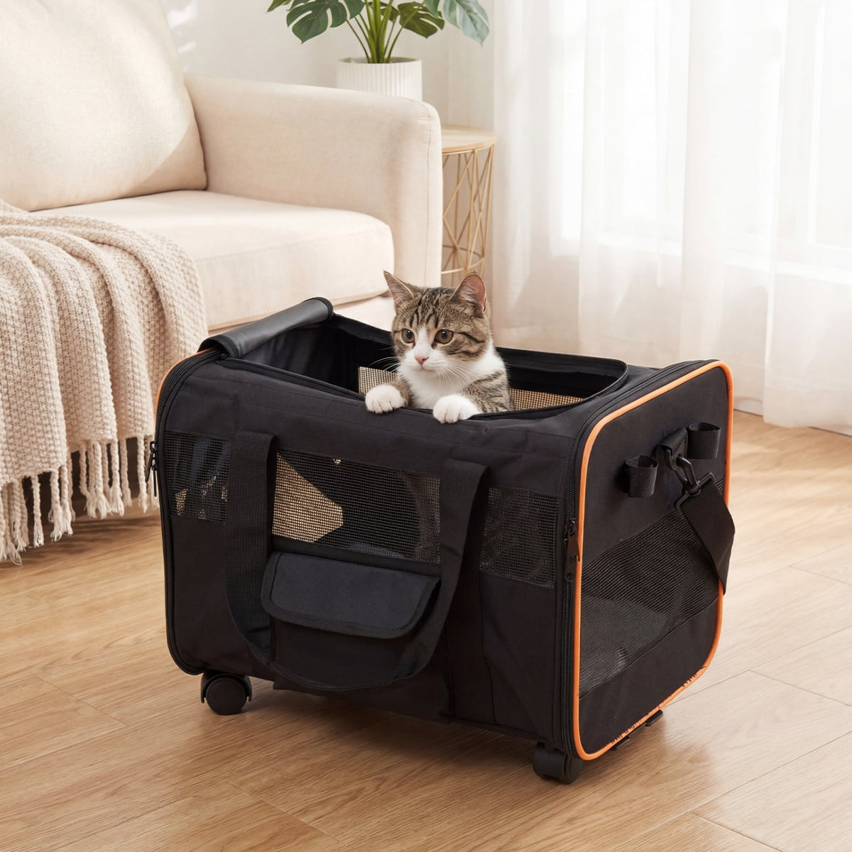 Rolling Pet Carrier Foldable Soft-sided Dog Travel Crate view 3