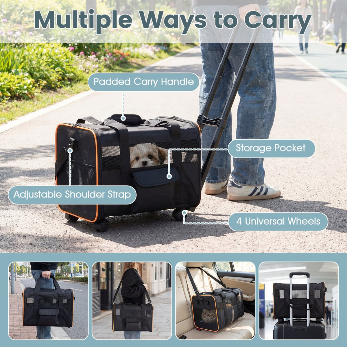 Rolling Pet Carrier Foldable Soft-sided Dog Travel Crate view 7