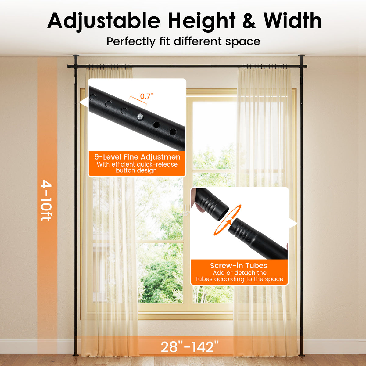 Room Divider Curtain Rod with Adjustable Floor to Ceiling Tension Rod (Curtains Not Included)-Black view 4