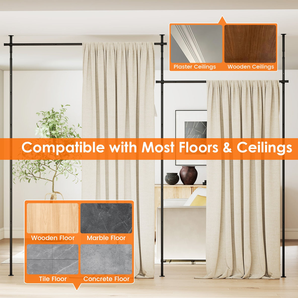 Room Divider Curtain Rod with Adjustable Floor to Ceiling Tension Rod (Curtains Not Included)-Black view 7