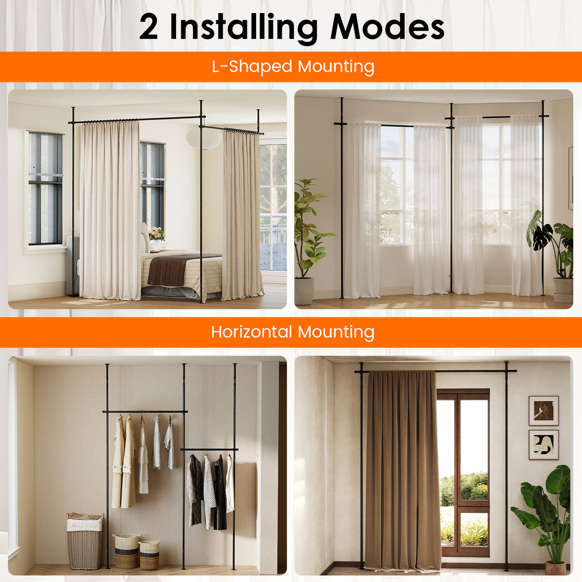 Room Divider Curtain Rod with Adjustable Floor to Ceiling Tension Rod (Curtains Not Included)-Black view 8