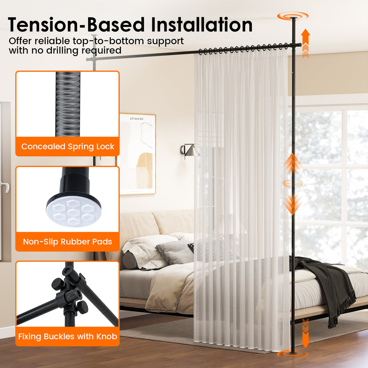 Room Divider Curtain Rod with Adjustable Floor to Ceiling Tension Rod No Drilling Required-Black view 8
