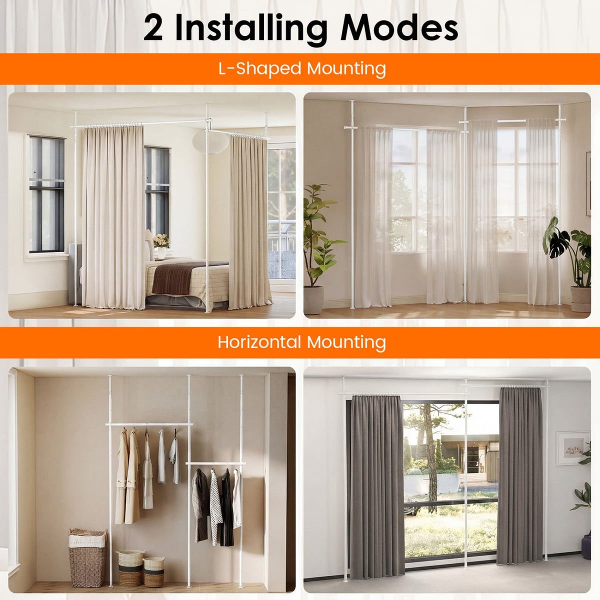 Room Divider Curtain Rod with Adjustable Floor to Ceiling Tension Rod (Curtains Not Included)-White view 8