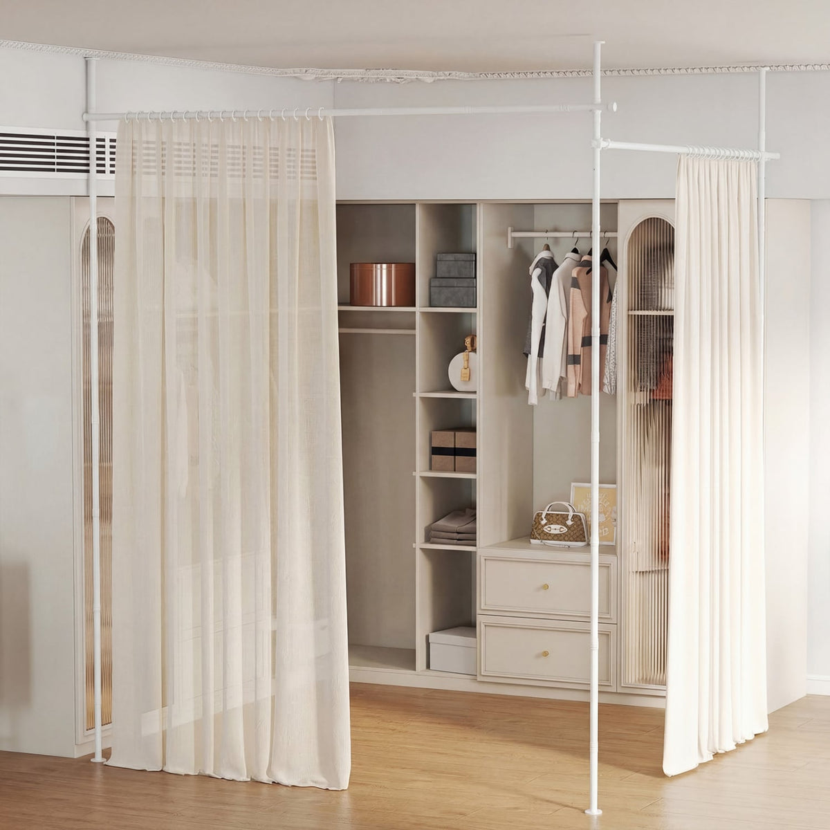 Room Divider Curtain Rod with Adjustable Floor to Ceiling Tension Rod (Curtains Not Included)-White view 3