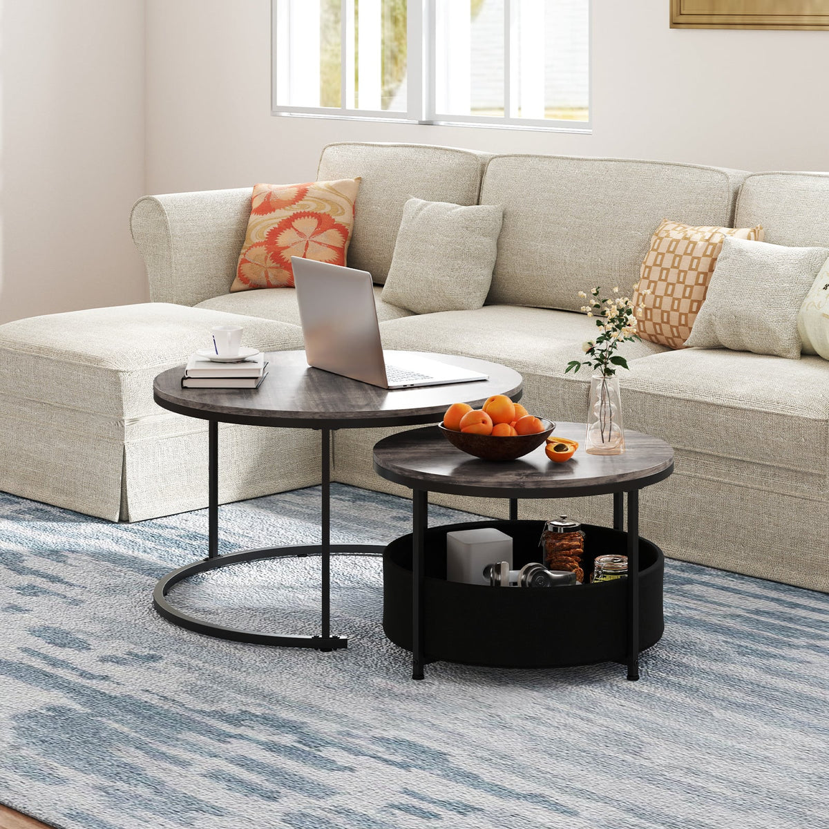 Round Coffee Table Set of 2 31.5 inches and 24 inches Circle Cocktail Table with Fabric Storage Basket-Gray view 2