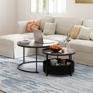 Round Coffee Table Set of 2 31.5 inches and 24 inches Circle Cocktail Table with Fabric Storage Basket-Gray view 2