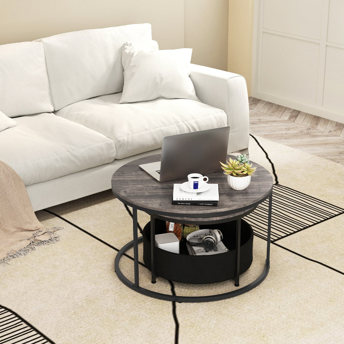 Round Coffee Table Set of 2 31.5 inches and 24 inches Circle Cocktail Table with Fabric Storage Basket-Gray view 3