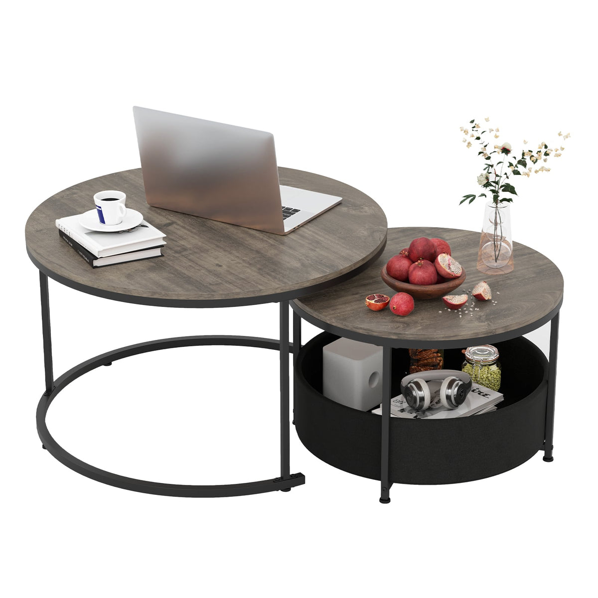 Round Coffee Table Set of 2 31.5 inches and 24 inches Circle Cocktail Table with Fabric Storage Basket-Gray
