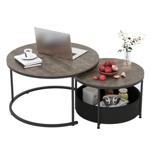 Round Coffee Table Set of 2 31.5 inches and 24 inches Circle Cocktail Table with Fabric Storage Basket-Gray