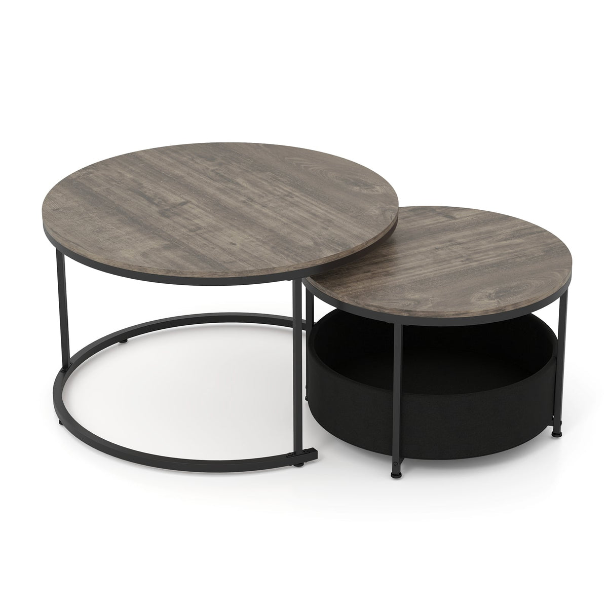 Round Coffee Table Set of 2 31.5 inches and 24 inches Circle Cocktail Table with Fabric Storage Basket-Gray view 4