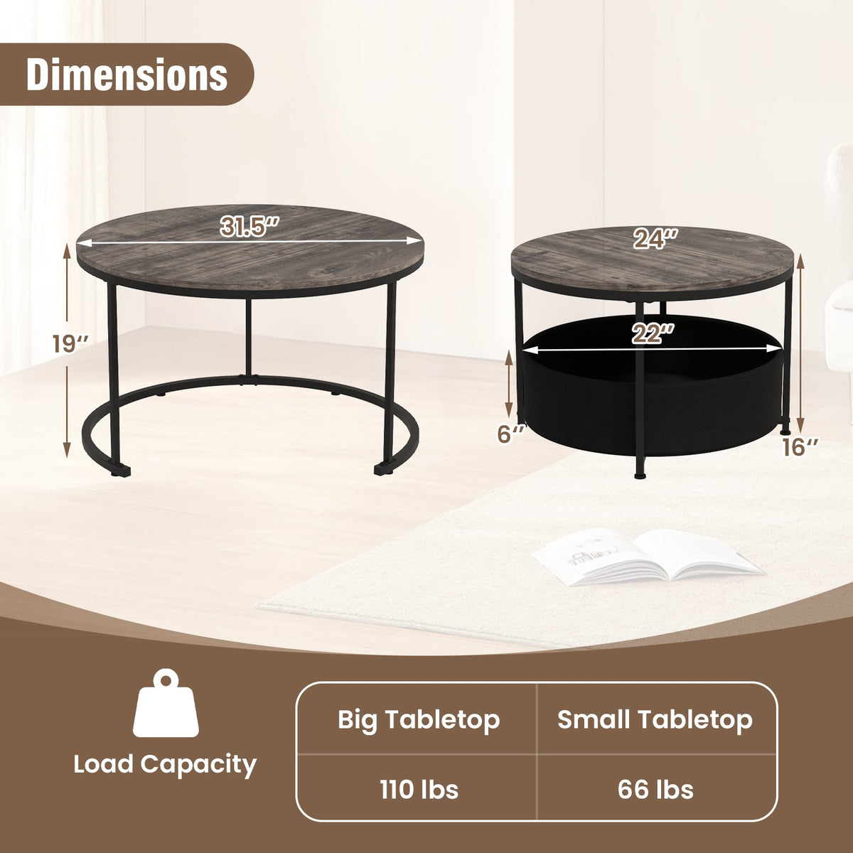Round Coffee Table Set of 2 31.5 inches and 24 inches Circle Cocktail Table with Fabric Storage Basket-Gray view 5