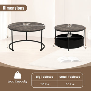 Round Coffee Table Set of 2 31.5 inches and 24 inches Circle Cocktail Table with Fabric Storage Basket-Gray view 5