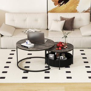 Round Coffee Table Set of 2 31.5 inches and 24 inches Circle Cocktail Table with Fabric Storage Basket-Gray view 6