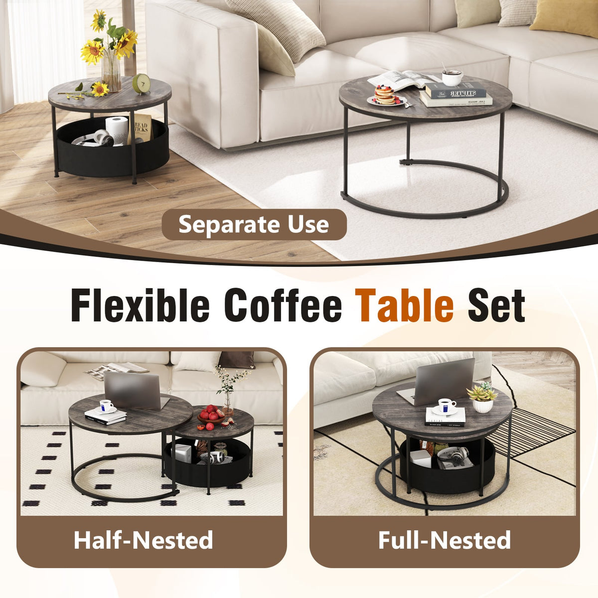 Round Coffee Table Set of 2 31.5 inches and 24 inches Circle Cocktail Table with Fabric Storage Basket-Gray view 8