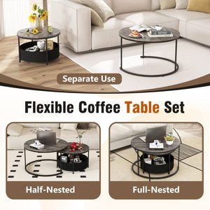 Round Coffee Table Set of 2 31.5 inches and 24 inches Circle Cocktail Table with Fabric Storage Basket-Gray view 8