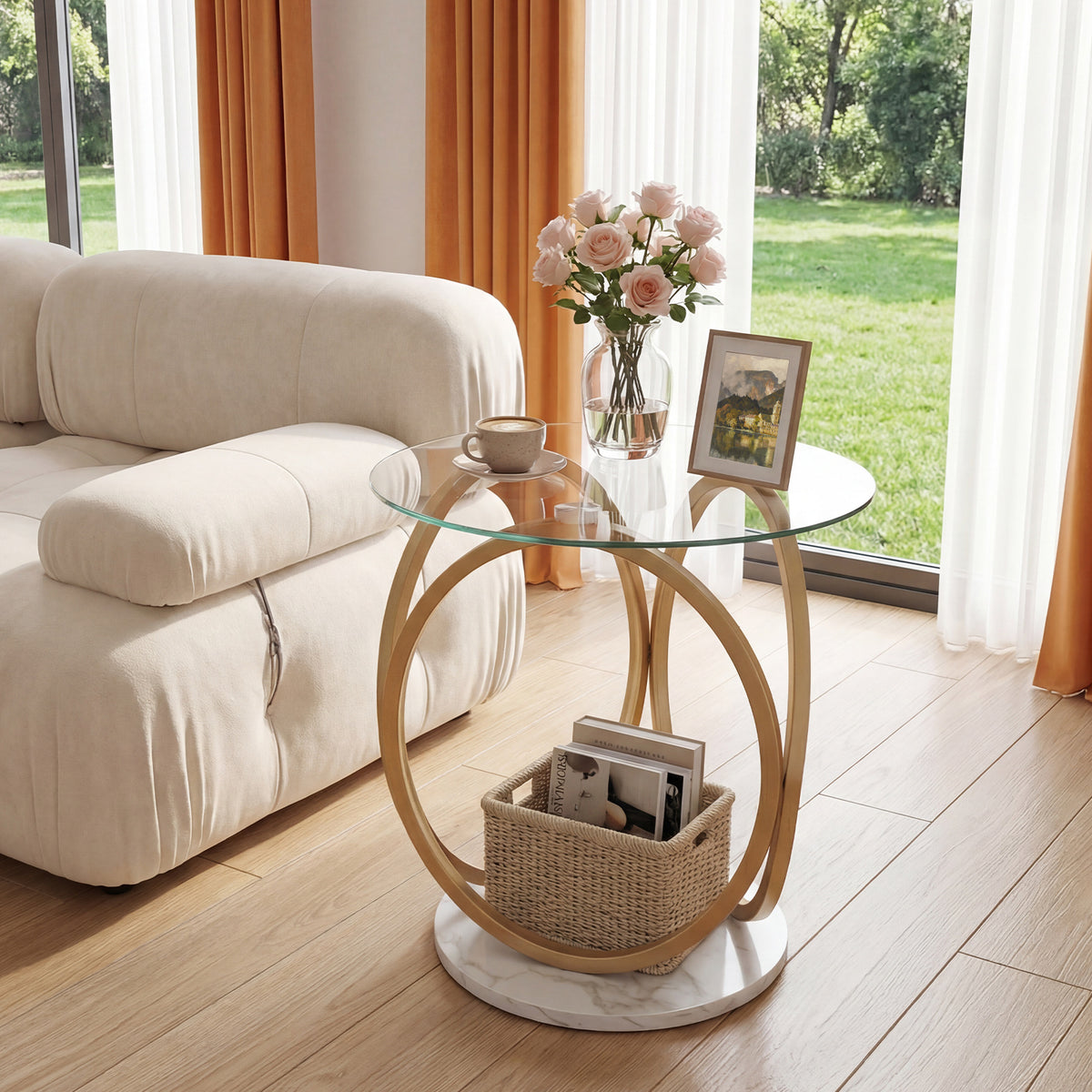 Round End Table Faux Marble Side Table with Tempered Glass Tabletop-Gold view 2