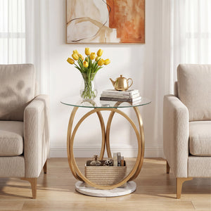 Round End Table Faux Marble Side Table with Tempered Glass Tabletop-Gold view 3
