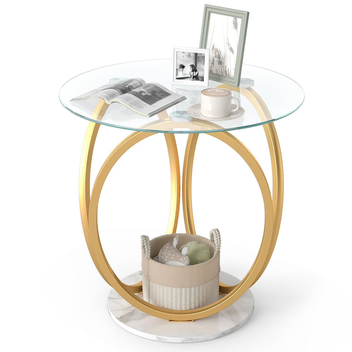Round End Table Faux Marble Side Table with Tempered Glass Tabletop-Gold view 4
