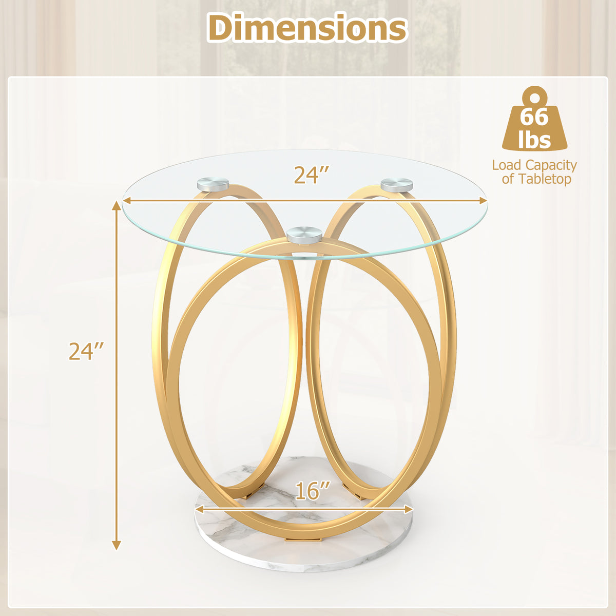 Round End Table Faux Marble Side Table with Tempered Glass Tabletop-Gold view 5