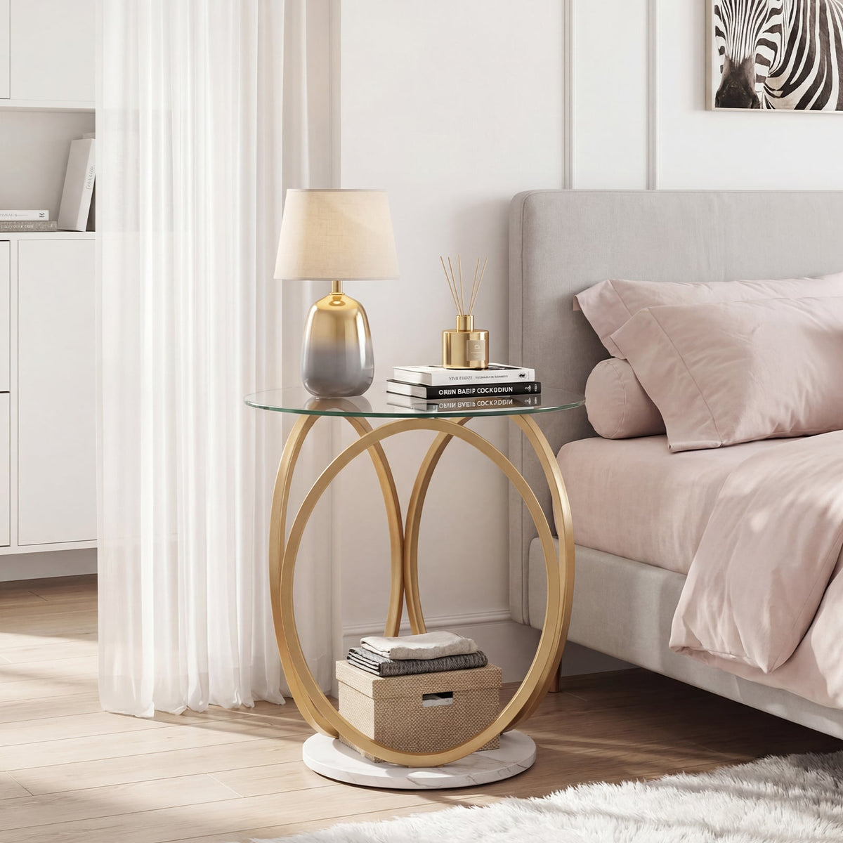 Round End Table Faux Marble Side Table with Tempered Glass Tabletop-Gold view 6
