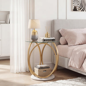 Round End Table Faux Marble Side Table with Tempered Glass Tabletop-Gold view 6