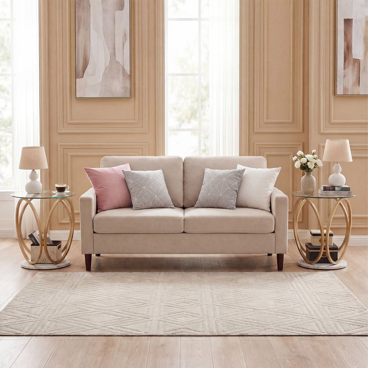 Round End Table Faux Marble Side Table with Tempered Glass Tabletop-Gold view 7