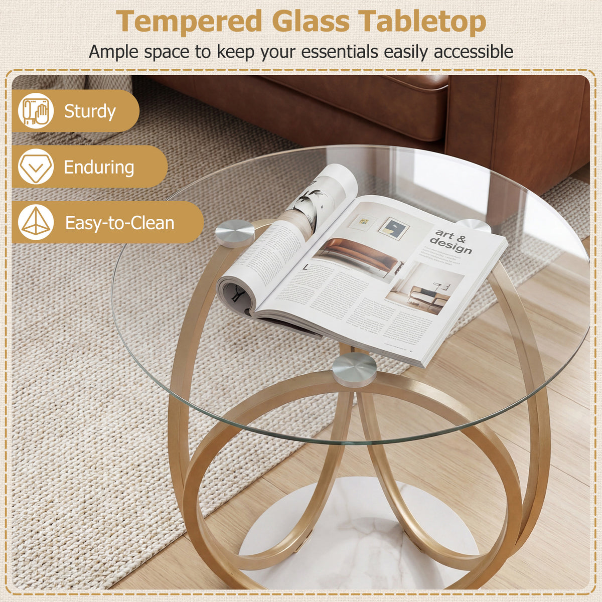 Round End Table Faux Marble Side Table with Tempered Glass Tabletop-Gold view 8