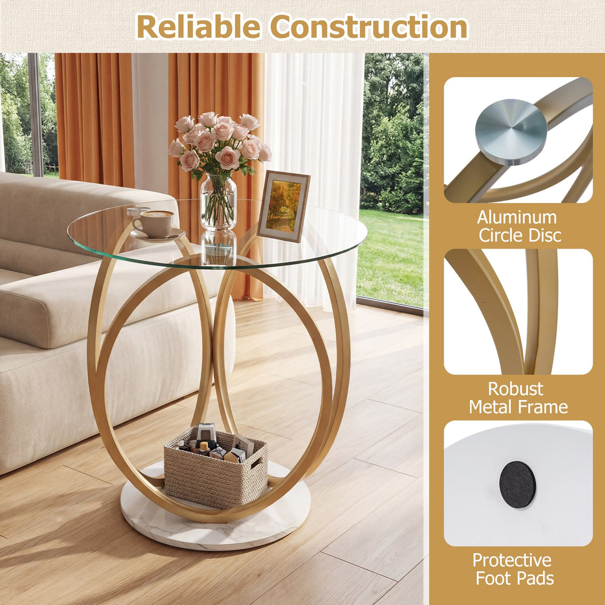 Round End Table Faux Marble Side Table with Tempered Glass Tabletop-Gold view 9