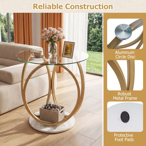 Round End Table Faux Marble Side Table with Tempered Glass Tabletop-Gold view 9