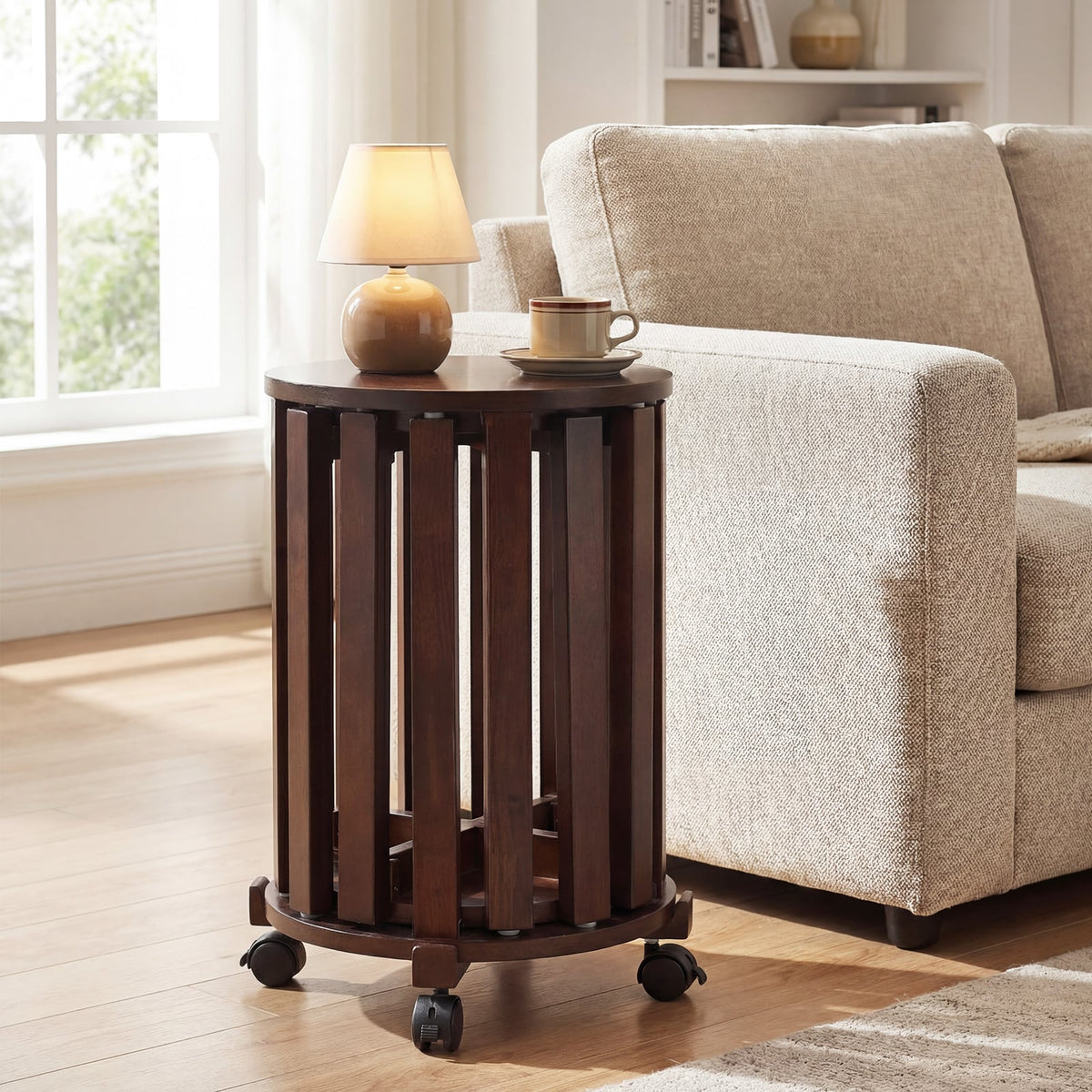 Round Portable Wood Nesting Stools with Locking Casters-Walnut view 2