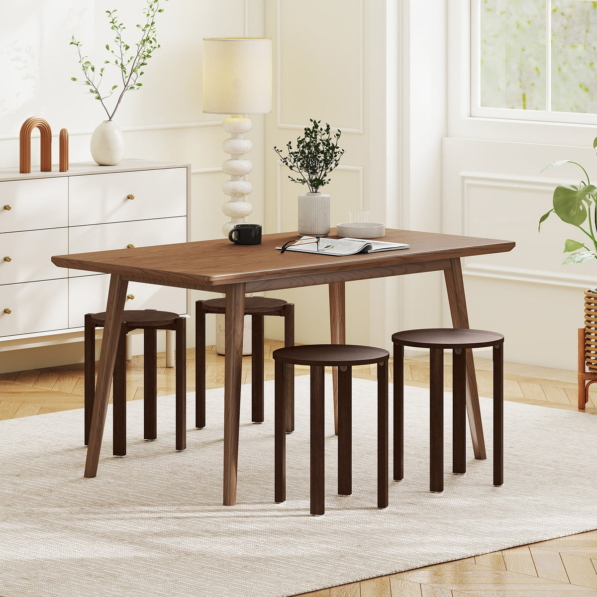 Round Portable Wood Nesting Stools with Locking Casters-Walnut view 3