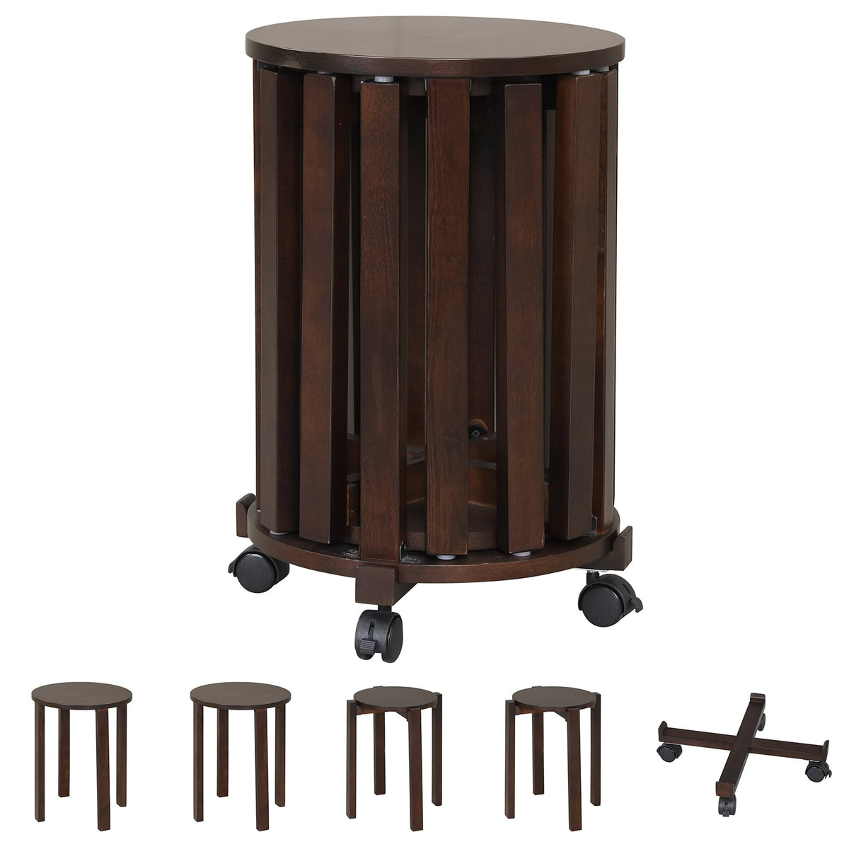 Round Portable Wood Nesting Stools with Locking Casters-Walnut