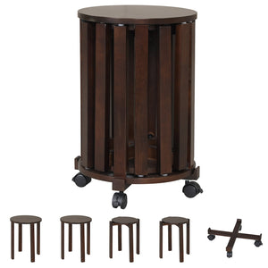Round Portable Wood Nesting Stools with Locking Casters-Walnut