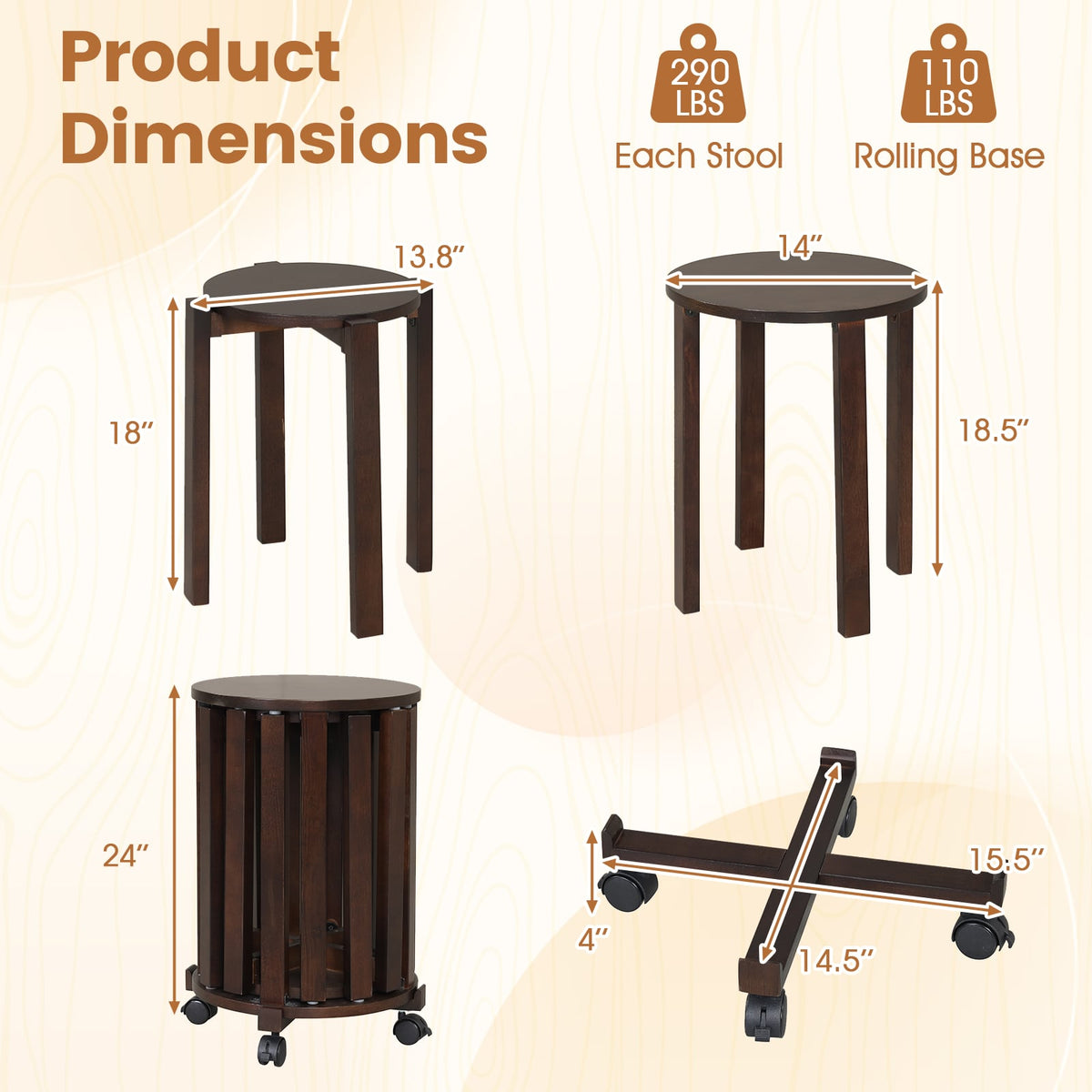 Round Portable Wood Nesting Stools with Locking Casters-Walnut view 5