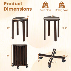 Round Portable Wood Nesting Stools with Locking Casters-Walnut view 5