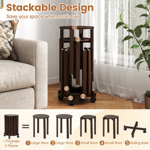 Round Portable Wood Nesting Stools with Locking Casters-Walnut view 7