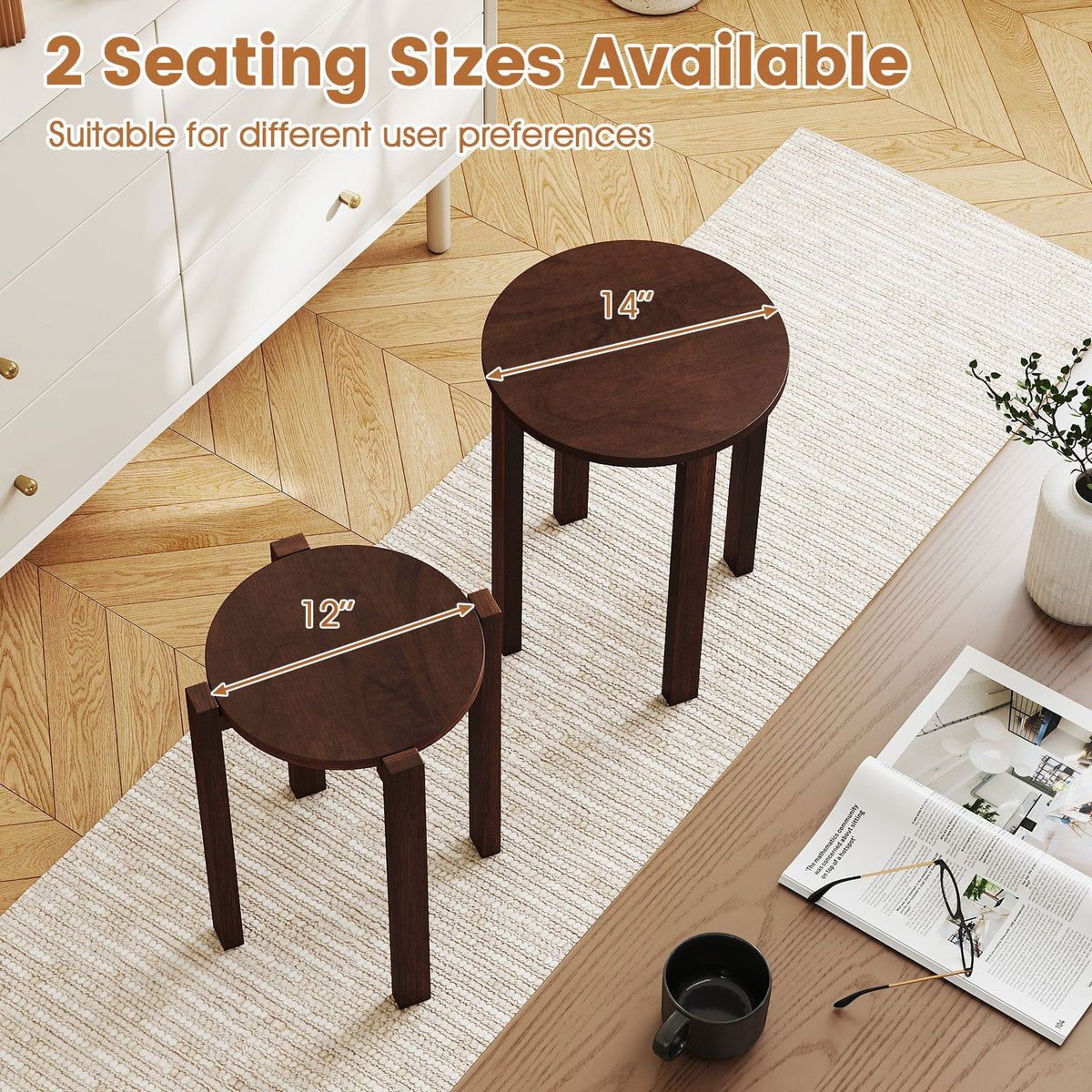 Round Portable Wood Nesting Stools with Locking Casters-Walnut view 8