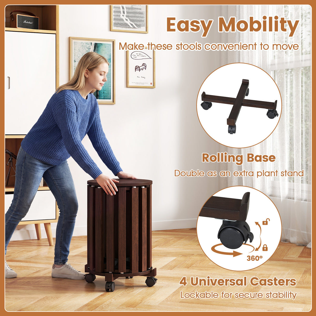 Round Portable Wood Nesting Stools with Locking Casters-Walnut view 9