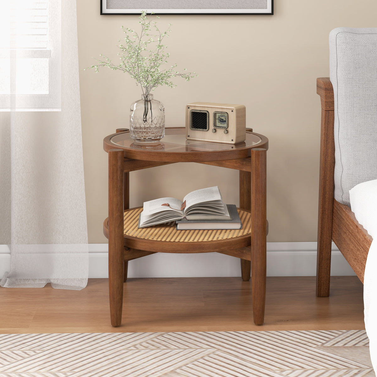 Round Rattan Side End Table with Tempered Glass Tabletop-Walnut view 2