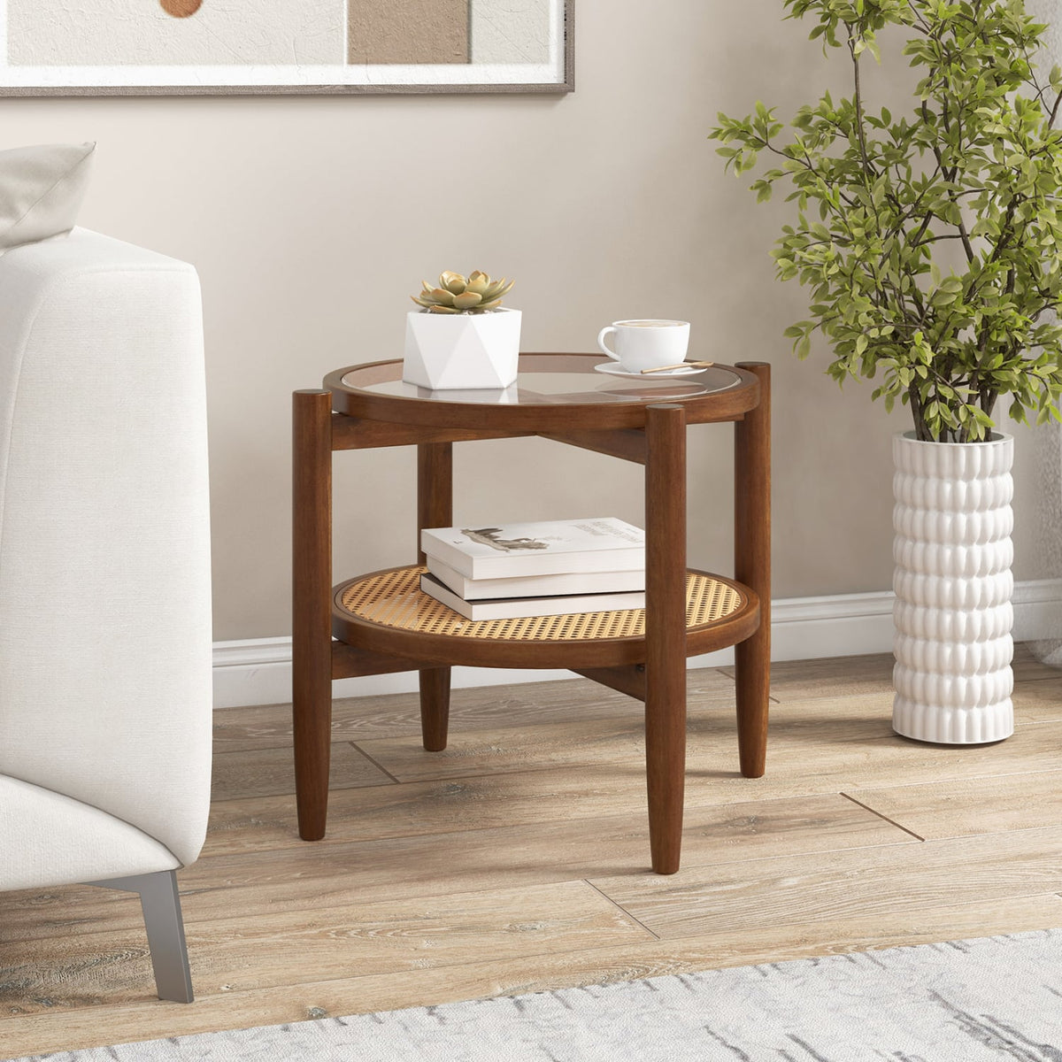Round Rattan Side End Table with Tempered Glass Tabletop-Walnut view 3
