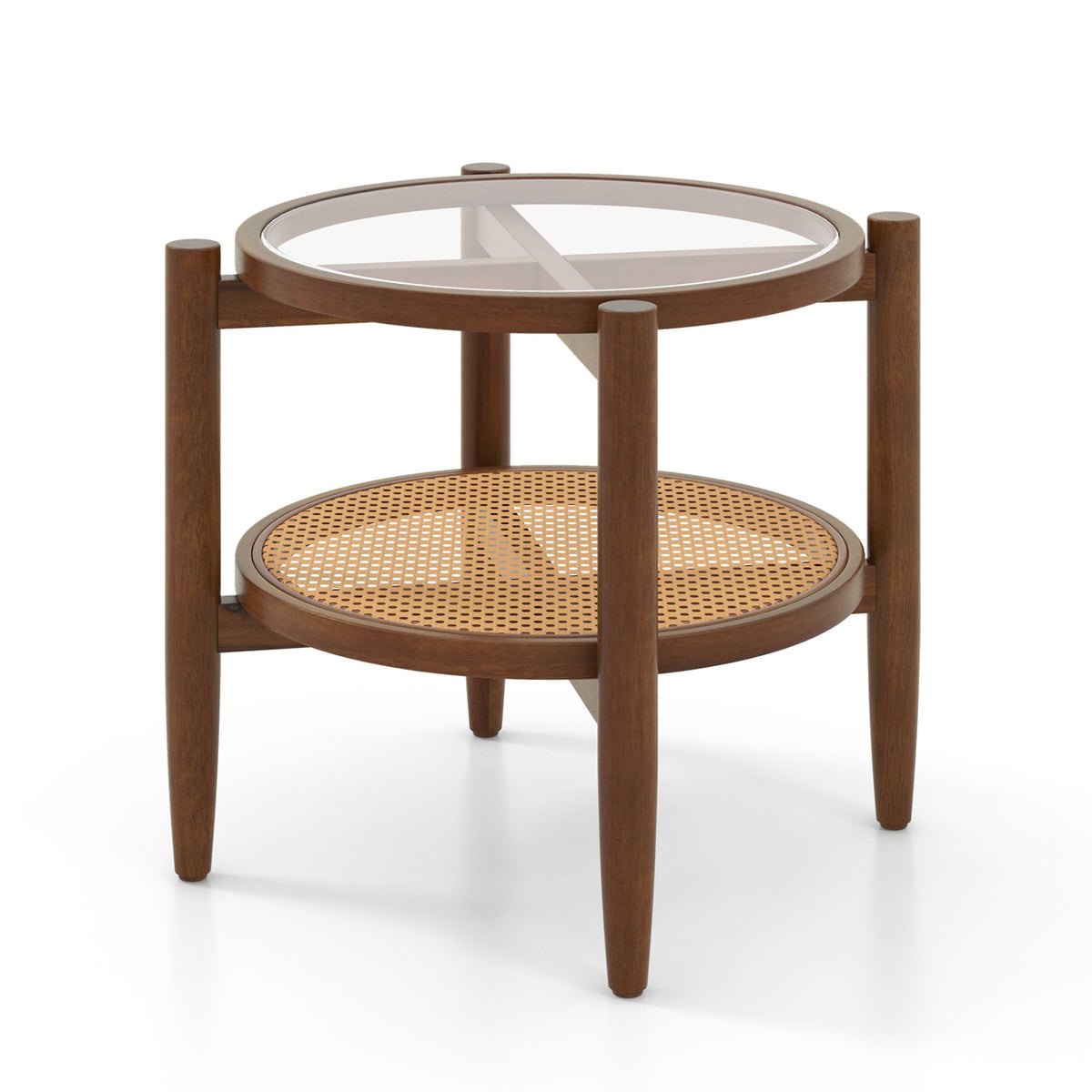 Round Rattan Side End Table with Tempered Glass Tabletop-Walnut view 4
